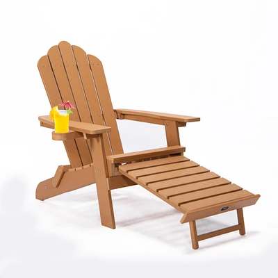 Tale Folding Adirondack Chair With Pullout Ottoman With Cup Holder, Oversized, Poly Lumber