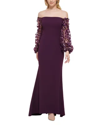 Eliza J 3D-Floral-Sleeve Scuba Crepe Gown