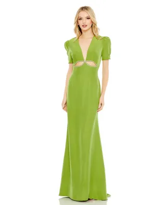 Women's Ieena Plunge Neck Puff Sleeve Cut Out Gown