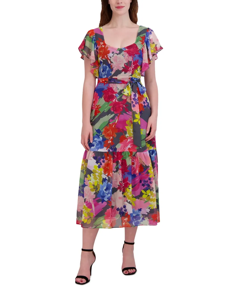 Donna Ricco Women's Flutter-Sleeve Printed Midi Dress