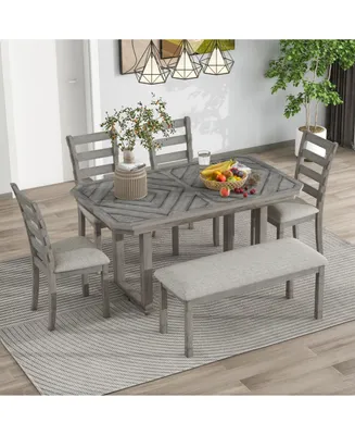 Simplie Fun 6-Piece Rubberwood Dining Table Set With Beautiful Wood Grain Pattern Table Top Solid Wood