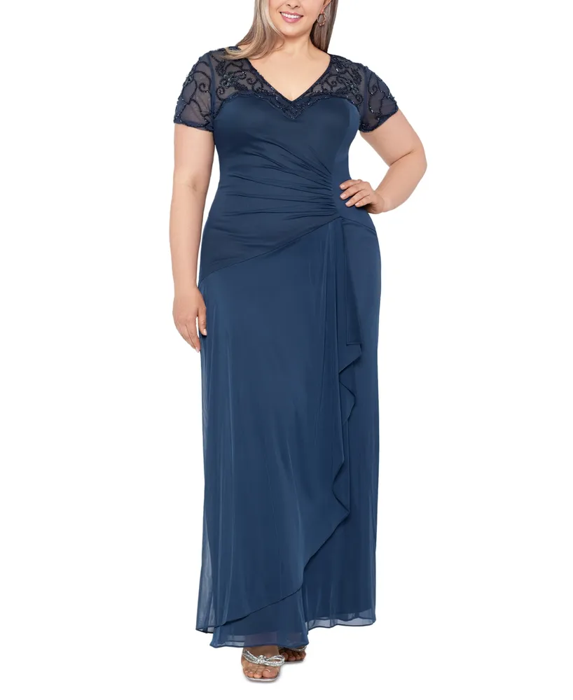 Xscape Plus Beaded Illusion-Trim Side-Ruched Gown