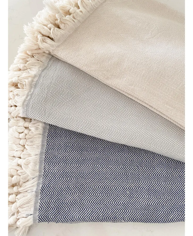 Navy Blue Turkish Cotton Herringbone Throw Blanket with Tassels 55x75