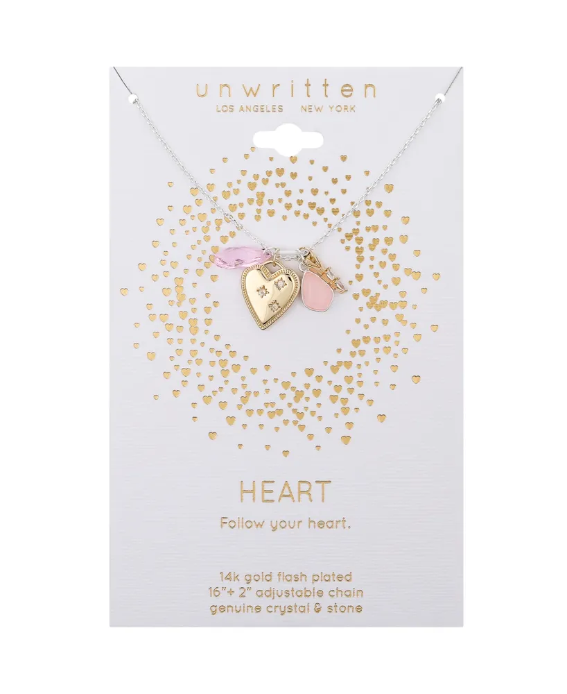 Unwritten Multi Stone Heart and Key Necklace - Gold Two
