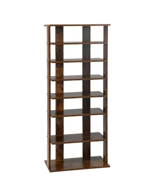 Patented 7-Tier Double Rows Shoe Rack Vertical Wooden Storage Organizer Rustic
