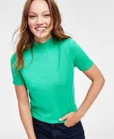 Calvin Klein Jeans Women's Monogram Logo Embroidery Cropped Short Sleeve Mock Neck Top