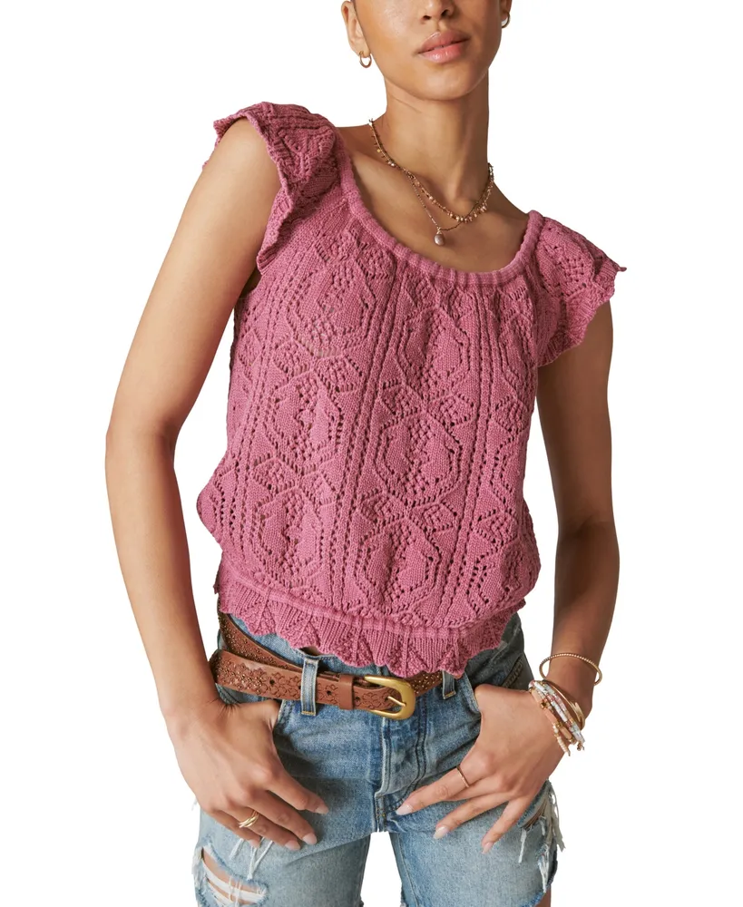 Lucky Brand Women's Cotton Flutter-Sleeve Knit Top Sweater