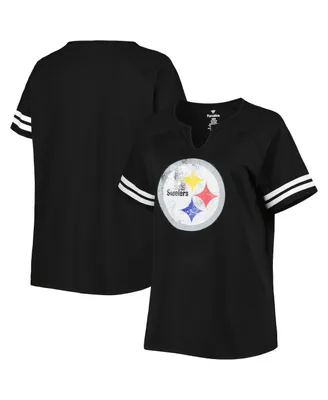 Women's Fanatics Black Pittsburgh Steelers Plus Logo Striped Raglan Notch Neck T-shirt