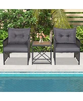 3 Pcs Patio Rattan Furniture Set Acacia Wood Coffee Table & 2 Chairs Backyard