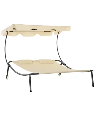 Outsunny Patio Double Chaise Lounge Chair, Outdoor Wheeled Hammock Daybed with Adjustable Canopy and Pillow for Sun Room, Garden, or Poolside