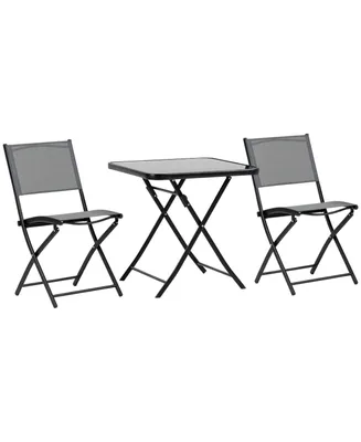 Outsunny 3-Piece Garden Bistro Set, Outdoor Folding Dining Set with Glass Table Top, 2 Folding Chairs, Steel Frame, and Mesh Fabric, Grey