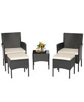 5PCS Patio Rattan Furniture Set Cushioned Sofa Ottoman Armrest Side Table Garden