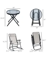 Outsunny 3 Piece Outdoor Rocking Bistro Set, Patio Folding Chair Table Set with Glass Coffee Table for Yard, Patio, Deck, Backyard