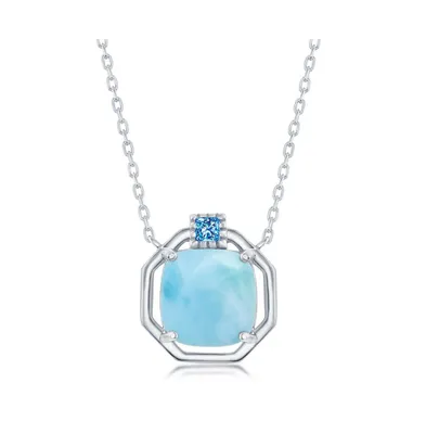 Sterling Silver Cushion-Cut Larimar with Cz Hexagon Necklace