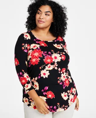 Jm Collection Plus Size Felicity Floral Scoop-Neck Top, Created for Macy's