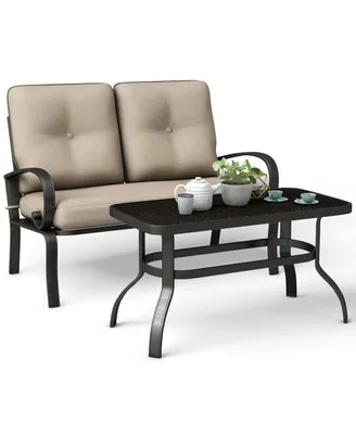 Costway 2 Pcs Patio LoveSeat Coffee Table Set Furniture Bench