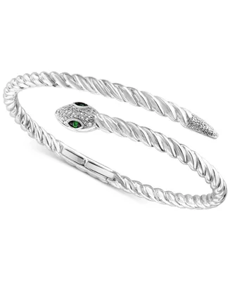 Effy Diamond (1/4 ct. t.w.) & Tsavorite (1/20 ct. t.w.) Snake Bypass Bangle Bracelet in Sterling Silver
