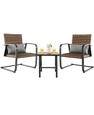 Costway 3 Pcs Patio Rattan Furniture Bistro Set C-Spring Chair Padded Seat & Back Pillow