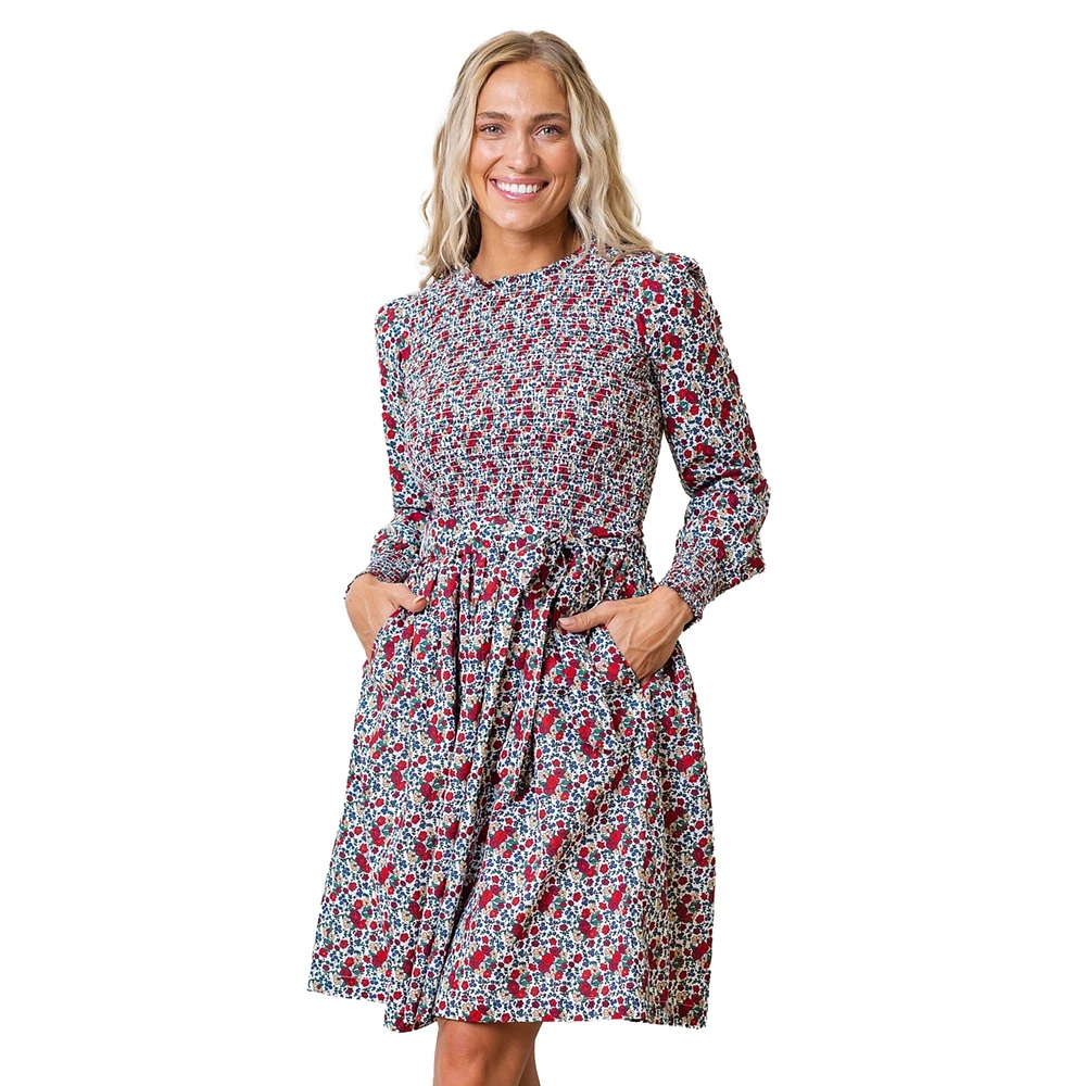 Hope & Henry Women's Long Sleeve Smocked Ruffle Collar Dress