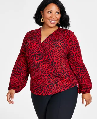 I.n.c. International Concepts Plus Size Animal Print Surplice Top, Created for Macy's