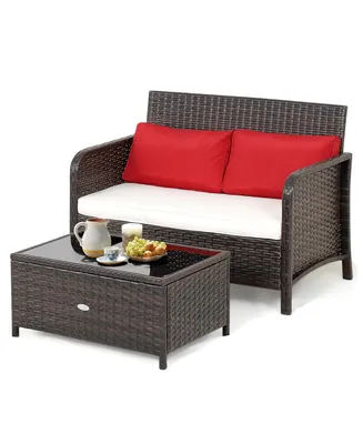 2PCS Patio Rattan Wicker Love-seat Coffee Table Set Cushioned Bench Garden Deck