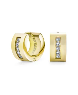 Bling Jewelry Unisex Channel Set 3 Row Cubic Zirconia Cz K-pop Wide Mini Hoop Huggie Earrings For Men For Women Yellow Gold Plated Steel Stainless