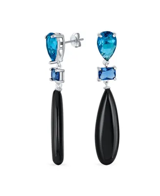 Bling Jewelry Linear Multi Color Black Natural Onyx Blue Turquoise Navy Sodalite Rose Quartz Chandelier Elongated Long Teardrop Dangling Earrings