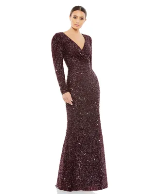 Women's Sequined Wrap Over Puff Long Sleeve Gown