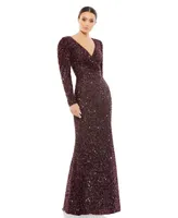 Women's Sequined Wrap Over Puff Long Sleeve Gown
