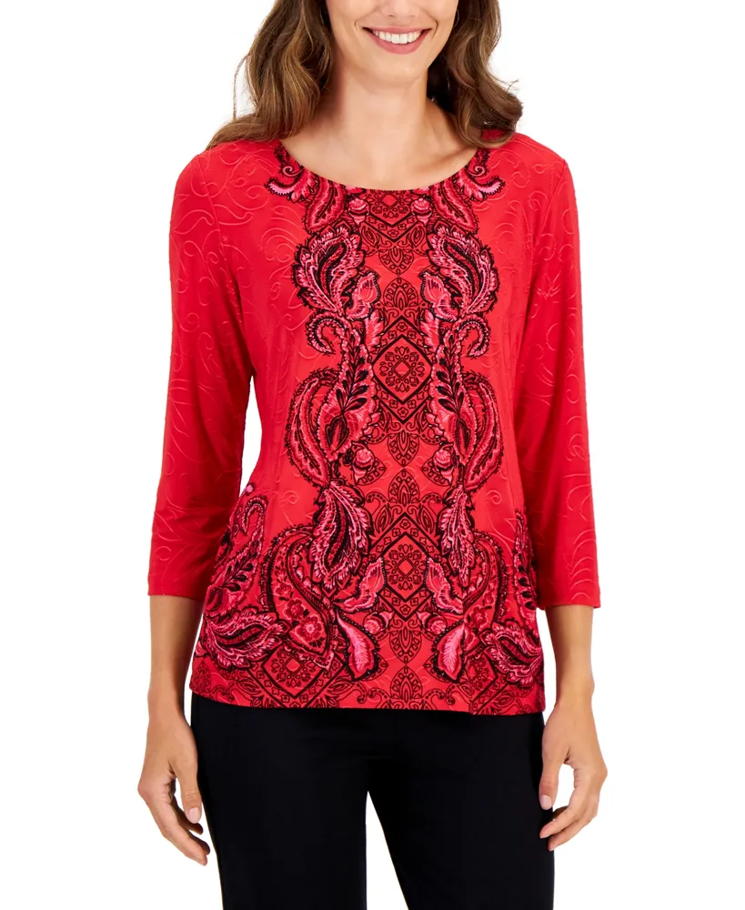 Jm Collection Women's Runway Etch 3/4-Sleeve Jacquard Top, Created for Macy's