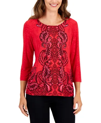 Jm Collection Women's Runway Etch 3/4-Sleeve Jacquard Top, Created for Macy's