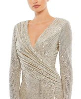 Mac Duggal Women's Ieena Sequined Long Sleeve Faux Wrap Ruched Gown