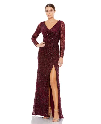 Mac Duggal Women's Long Sleeve Ruched Sequined V-Neck Gown