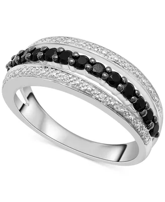 Onyx & Diamond Accent Triple Row Ring in Sterling Silver
