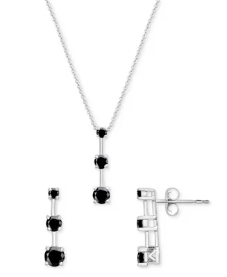 2-Pc. Set Onyx Triple Stone Pendant Necklace & Matching Drop Earrings in Sterling Silver