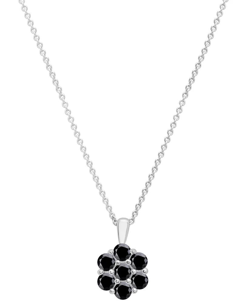 Onyx Flower 18" Pendant Necklace in Sterling Silver