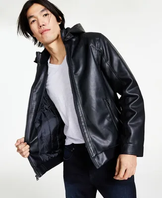 I.n.c. International Concepts Men's Regular-Fit Faux-Leather Bomber Jacket with Removable Hood, Created for Macy's