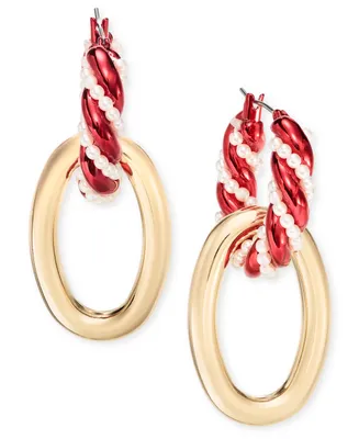 Holiday Lane Two-Tone Oval Charm Imitation Pearl Swirl Drop Earrings, Created for Macy's