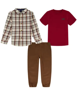 Nautica Baby Boys T-shirt, Long Sleeve Plaid Shirt and Twill Joggers, 3 Piece Set
