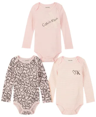 Calvin Klein Baby Girls Logo, Print and Stripe Long Sleeve Bodysuits, Pack of 3