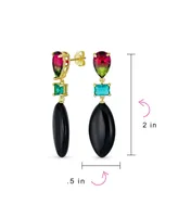 Bling Jewelry Unique Linear Black Natural Onyx Teardrop Rectangle Multi Shape Rainbow Cz 3 Multi-Tier Party Dangling Earrings in Gold Plated