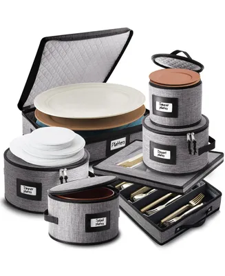 6 Piece Hard Shell Fine China Plates, Platters and Silverware Storage Set - Holds a 12 Serving Set