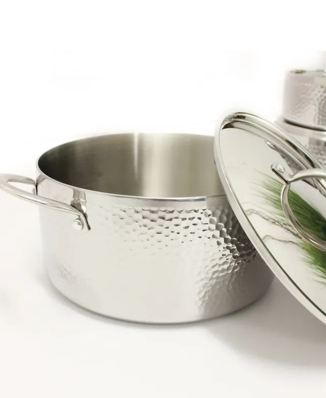 BergHOFF Vintage Tri-Ply 18/10 Stainless Steel Cookware Set, Hammered  (10Pc-Silver)