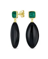 Bling Jewelry Unique Linear Malachite Black Natural Onyx Rhombus Shape Square Multi- Party Dangling Earrings For Women in Gold Plated