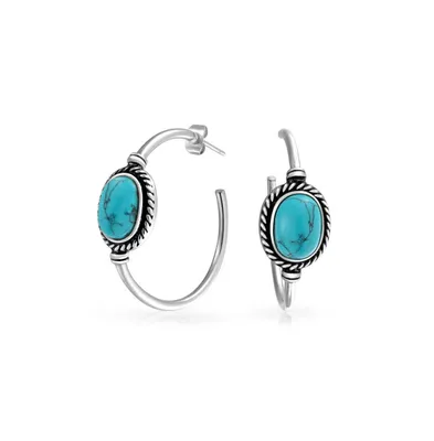 Bling Jewelry Western Style Oval Compressed Blue Turquoise Braid Edge Twisted Rope Large Hoop Earrings Oxidized Stainless Steel 1.25 Inch Diameter Stu