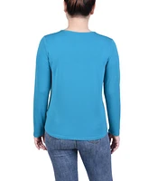 Ny Collection Petite Long Sleeve Jeweled Neck Top