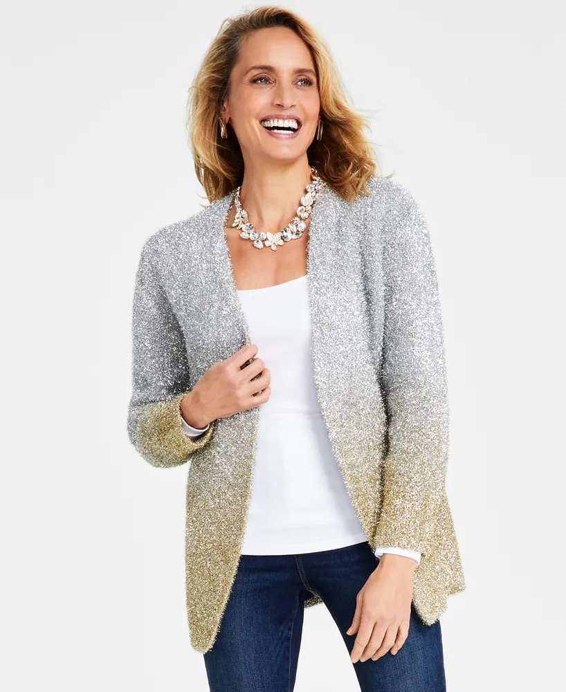 I.n.c. International Concepts Women's Eyelash-Knit Mixed Metallic Cardigan, Created for Macy's