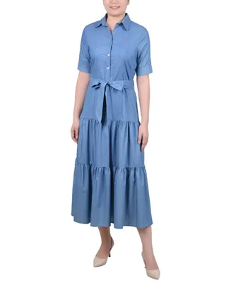 Ny Collection Women's Short Sleeve Belted Chambray Dress