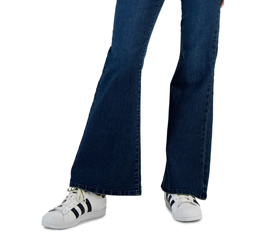 Vanilla Star Juniors' Double-Button Corseted Flare-Leg Jeans