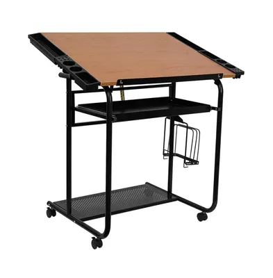 Emma+Oliver Adjustable Drawing And Drafting Table With Black Frame And Dual Wheel Casters